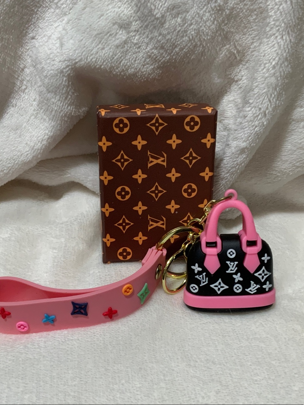Pink & Black Monogram Charm Keychain with Bracelet Strap and box
